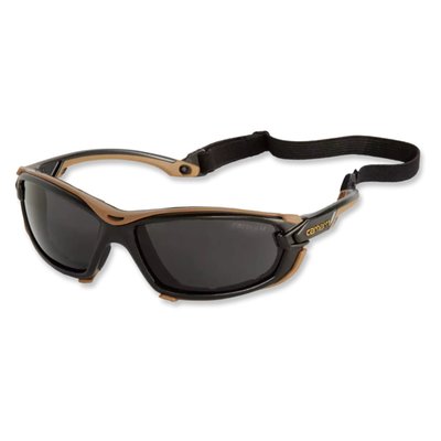 Clip-on foam padded carriage · slim temple design with detachable strap · polycarbonate (pc) lens · polycarbonate (pc) frame · stainless steel screws · fixed rubber nose piece · available in carhartt polybag · ce en166