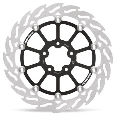 320mm (12.6") OD., 56.3mm I.D., 5x 8.7mm (5/16") bored mounting holes. Mount hole to hole distance 48.6mm.
Mount style 'K'.
Note: Fits Pan America models with OEM or models converted to OEM 19" laced (spoke) wheels only.
All Moto-Master brake rotors are manufactured from premium stainless steel, offering superb braking ability and are highly corrosion resistant. CNC machined, laser cut and precision double grinded within the tightest tolerance to eliminate any brake rotor vibration. All Moto-Master brake discs are made in Europe and approved.
- Stainless
- Outer diameters 320.0 mm
- Inner diameter 56.3 mm
- Thickness 5.0 mm
- Number of holes 5
- Hole diameter 8.7 mm
- Pitch 82.6 mm
- Type Floating disc with aluminum inner carrier
- Color inner carrier ring Black
- Turning direction left side mount
- Speedometer prepared No
- Comes with approval
- OEM replacement reference 41500195.
Note: Check your local MCS dealer or the MCS sales department for exact type of approval and validity on bike model and years on the test report.