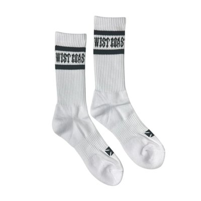 Pair of black crew socks with West Coast Choppers around the leg en the cross logo at the upper feet.