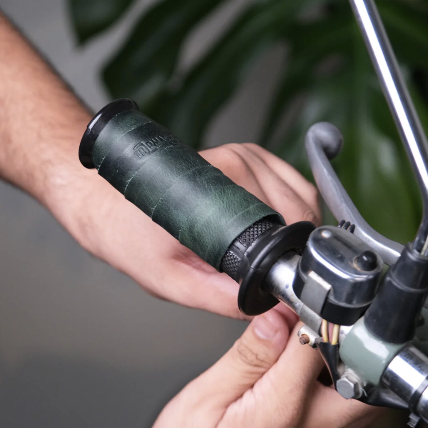 Trip Machine, leather handlebar grip wraps. Forest