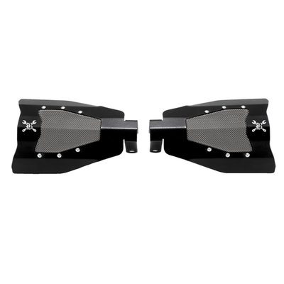 Compatible with models with cable operated clutch. 
Function merged with style. Inspired by off-road endurance and urban grit, the Titan hand guards provide protection against wind, debris and unexpected impacts. Features a steel outer shell with a rugged steel mesh insert. Easy installation: Just slide the mirror stem through, tighten the bolt and hit the road! 
Note: Mirror mounted turn signals are not compatible with these hand guards. 