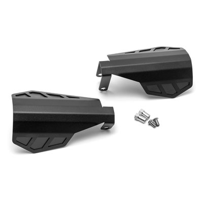 Matte black powder coated steel hand guards. Ready to fight wind, rain, flying debris and The Cold. Perfect to compliment long and hard ridden bikes. Complete with installation hardware. 