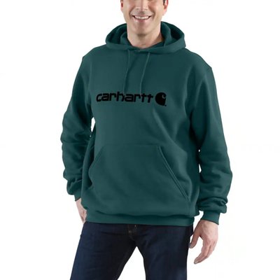 Loose Fit · 10.5 Oz/Yd² - 356 Gsm · Beach Heather , Greenstone 59% Cotton/41% Polyester · Black , Carbon Heather 50% Cotton/50% Polyester · Heather Grey 70% Cotton/30% Polyester · Mid Weight Fleece · Attached Three-Piece Hood With Adjustable Draw Cord · Long Sleeve · Two Lower Front Hand Warmer Pockets · Stretchable, Elastane Reinforced Rib Knit Cuffs And Waistband · Carhartt "Signature Logo" Plastisol Graphic Print On Front