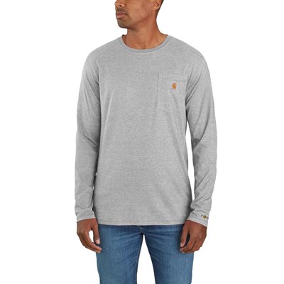 Relaxed Fit · 5.75 Oz/Yd² - 195 Gsm · Black 65% Cotton/35% Polyester · Heather Grey 59% Cotton/41% Polyester · Flex Jersey With Mesh Side Panels · Carhartt Force™ - Fastdry™ Combined With Anti-Microbial Properties · Fastdry™ - Wicks Away Moisture For Comfort And Fights Odour With Antimicrobial Finish · Long Raglan Sleeve · Rib Knit Crew Neck · Left Chest Contractor'S Work Pocket With Pen Stall · Drop-Tail Hem For Added Coverage · Raglan Sleeve Increases Range Of Motion · Smooth Flatlock Seams ·Carhartt Force™ Labelling On Left Sleeve · Carhartt Label Sewn On Pocket