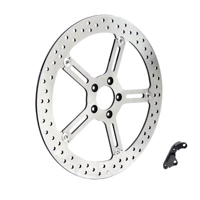 Hub mount. 
Offers drastically improved braking performance and looks over stock. It is a simple bolt-on installation, but will work in combination with 18" or larger wheels only. The brake disc is made of 420 stainless steel and is drilled for optimum performance and heat dispersion. The inner carrier is manufactured from 6061 billet aluminum with a black anodized finish for lasting good looks. Kit includes one brake disc and one billet brake caliper adapter bracket, to compensate for rotor diameter so the stock caliper can be re-used, and all required installation hardware. The brake line is also re-used. Compatible with stock or aftermarket fenders. 
Mount style 'B'. Counter bored 3.25". 3.25" BCD, hole to hole distance 48.6mm. Counter bored mount holes. 56.3mm ID. 