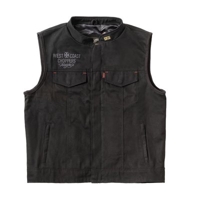 The West Coast Choppers x 13 1/2 Dominator black canvas riding vest is the result of the collaboration with the guys of 13 ½ Company. The idea of this vest came alive when visiting Europe in 2023 and meet up with the guys from 13 1/2 and Motorcycle Storehouse. The result is a set of 3 riding vests made of leather, canvas or denim. All of each with cool little details and an inside lining with one of West Coast Choppers Finest copper bikes. The vest will even look better the more you wear it, with several inside and outside pockets with zippers or snap buttons. The fit of this vest is based on wearing it over a T-shirt, a sweater, or just as it is. If you want to wear it over a jacket, you might need a bigger size than usual. Look no further, this is your new favorite leather vest, which comes in an individual printed cardboard box.
