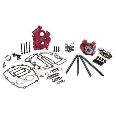 FEULING M8 OIL COOLED camchest kits include all necessary components from top to bottom of the camchest conveniently packaged under 1 part #.  These combination kits not only ensure each individual part is designed to work and function together but to do so in total harmony. These camchest kits take the guess work out of the ordering process and guarantees the engine builder maximum reliability, peak performance and the coolest engine and oil temperatures obtainable.

• Available in HP+ or RACE SERIES kits
• Quieter and smoother engine operation
• Increase oil pressure, scavenge volume and engine oil flow
• 27% more pressure and scavenge gear volume over stock
• 42% more scavenge volume with port sizing, matched passages and holes to the engine case
• 46% more oil volume to the crankshaft and connecting rod bearing
• 15-25 degree cooler engine temperatures
• 15-30 degree cooler oil temperatures 
• 10-30 more PSI of oil pressure
• Reduces wet sumping, blow by and oily air cleaners
• Magnets in oil pump to help protect gears and pressure relief valve
• Test results show 2 HP gain and 2 ft/lbs of TQ gain to the rear wheel on Milwaukee Eight
• NOTE: FEULING test results show a 50% reduction of engine sump oil level.

Due to the mass call volume & inquires with requests for the M8 oil pump back cover O-ring/seal groove, we’ve added the groove! (5/11/21). Although Feulings in house testing on healthy engines did not show a benefit. The O-ring may have potential benefits in certain circumstances such as engines with higher cylinder leak down, poor subseal O-ring seal, raised sump hole & or sump plug (see M8 PRO TIP below) & looser lifter to lifter bore clearances.

487 CAM - Bolt-in. Hot rod camshaft, Great for 114" & 117" looking for the most out of their engine. Nasty chop at idle. Maintains bottom end power and pulls hard above 2,950 RPM when compared to stock. Responds very well to increased bore and or compression A high flow exhaust system and air cleaner is highly recommended for optimal performance. FEULING recommends matching this cam with our RACE SERIES oiling system.





Part # 1354 RPM range 2,250 - 6,100. Grind: 487

.............................Valve Lift        Open               Close          Duration@ 50"   lift @ TDC    Lobe Centerline
Intake/Exhaust	.478"/.487"	20.5°/44°        37°/17.5°     237°/241.5°	   .180"/.146"	98.5°/103.25°	Overlap 38
*Cam specs measured in the engine on the lifter @ 0.050" using a 1.61 rocker arm ratio

DISCLAIMER: NOT LEGAL FOR SALE OR USE IN CALIFORNIA ON ANY POLLUTION CONTROLLED MOTOR VECHICLE

Feuling dOEs not recommend tuning beyond stock emissions standards. 

Kits include: FEULING high volume Oil pump, HIGH FLOW billet Camplate, REAPER Series Camshaft, short travel hydraulic roller lifters, fixed length pushrods, TIMKEN/KOYO cam bearing, rocker arm studs and nuts, gaskets, O-rings, ARP cam/crank fasteners, washers, moly lube and LOCTITE.

-RACE SERIES Kits include a RACE SERIES oiling system: billet 7075 oil pump, RACE SERIES lifters, HIGH FLOW billet 7075 aluminum camplate.
• Billet 7075 aluminum oil pump which is 50% harder and stronger than the factory pump holding tighter tolerances under temperature, deeper scavenge kidneys over HP+ oil pump.
• Deeper scavenge kidney ports over the HP+ series for even more scavenge flow volume
• RACE SERIES hydraulic lifters have a full .200" of total travel designed with a slower bleed down rate to handle heavy valve spring pressures, increase engine RPM before valve float and feature increased roller clearance for steep ramped camshafts and clearance for the M8 front exhaust camshaft lobe flange.


OIL LEVEL NOTE - DO NOT OVERFILL OIL TANK
It is important to get the correct hot oil level in your bike. Feuling recommends running the oil level 90%-99% full when hot.

Note: The M8 oil pick up port is on the right side of the engine. Letting the bike idle or warm up on the kickstand will naturally fill the engine case and skew the oil level in the tank. 

We recommend the following steps to achieve proper oil level:
1. Check cold oil level. 
2. Ride the bike until operating temperature is reached. 
3. Shut the bike off while still in the upright position. (This insures an accurate reading)
4. Once the bike is on the kickstand check oil level. 
5. Add or remove oil as needed.

RS camchest kit Fits: M8 Oil Cooled Engines


 

Feuling dOEs not recommend tuning beyond stock emissions standards.
 Note: Special Order Product only. 
To order please contact your MCS sales representative.