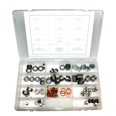 Manufactured from 1215 steel. 
Kit include quantity 5 of an assortment of 18 & 12 mm bungs, plugs anti-seize compound and copper washers. 
Includes: 
18mm bungs - 3/8". 
18mm bungs - 1/2" with step. 
18mm bungs - 1" angled. 
18mm bungs - 1" straight. 
18mm plugs - 1" Hex head. 
18mm plugs - 5/16" Allen head. 
18mm copper crush washers (Qty. 10). 
12mm bungs - 5/16" with step. 
12mm bungs - 1/2". 
12mm plugs - 5/8" Hex head. 
12mm plugs - 6mm Allen head. 
Anti-Seize compound packets (Qty. 10). 
