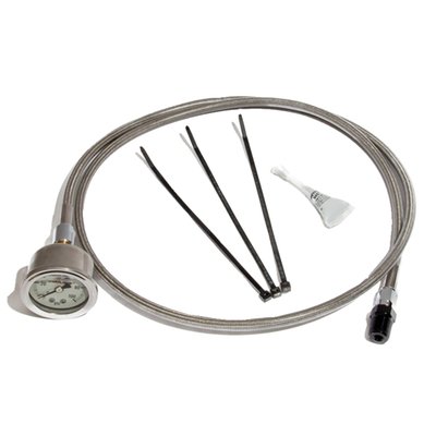 Used to additionally check engine oil pressure with a liquid filled mechanical stainless gauge, with PSI face, while keeping your factory electronic gauge and or low oil pressure indicator light hooked up. Kit includes all needed fittings to hook up the engine. Line is 45" (114cm) long. Hooks up to existing oil psi ascending unit port, oil line routes up the right side frame rail, gauge fastens to the handlebars using zip-ties and spacers.
Hooks up to the engine case via the pressure port to the oil filter, remove the factory 1/4 NPT plug and install the Feuling fittings.