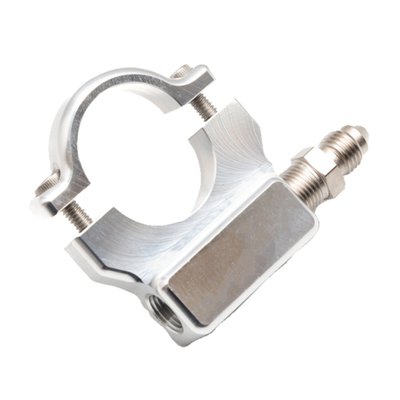 Machined aluminum finish. 
Used to install a 1.5" (38mm) oil pressure gauge to the handlebar. With 1/8 NPT treaded adapter. Manufactured of 6061 billet aluminum and comes with stainless Allen head bolts and a 1/8 NPT to -3AN adapter fitting. 
USA made. 
