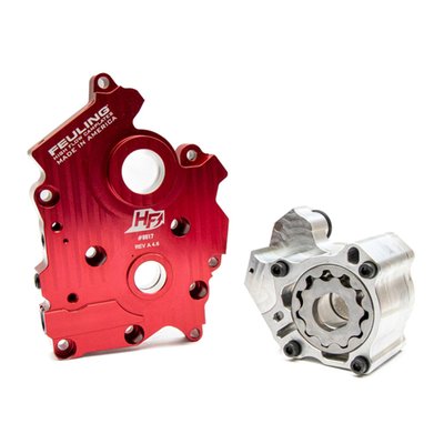 Will Increase oil pressure, scavenge volume and engine oil flow. This offers quieter, smoother engine operation and lower oil temperatures.
• Quieter and smoother engine operation
• Increase oil pressure, scavenge volume and engine oil flow
• 30% more pressure gear volume over stock
• 53% more scavenge gear volume over stock
• 42% more scavenge volume with port sizing, matched passages and holes to the engine case
• 46% more oil volume to the crankshaft and connecting rod bearing
• 15-25 degree cooler engine temperatures
• 15-30 degree cooler oil temperatures
• 10-30 more PSI of oil pressure
• Reduces wet sumping, blow by and oily air cleaners
• Magnets in oil pump to help protect gears and pressure relief valve
• Test results show 2 HP gain and 2 ft/lbs of TQ gain to the rear wheel on Milwaukee Eight
• NOTE: FEULING test results show a 50% reduction of engine sump oil level.
Both HP+ and RACE SERIES kits include FEULING'S HIGH FLOW billet cam plate made from 7075 aluminum which is 50% harder and stronger than the factory or Feuling OE+ cam plates. FEULING increases oil flow and volume by enlarging the oil pump reservoirs and critical oil passages including matching the oil port holes throughout the cam plate to the port holes in the engine case which increases engine oil flow to the lifters, piston cooling jets, crankshaft and rod bearings.
The FEULING oil pumps are bench tested, the relief valve is seated and sealed to a minimum of 30 psi with full pop off at 55-60 psi. The increased oil volume from the larger gears and properly sized passages along with the pressure relief valve seat and seal from these oil pumps is essential for proper oiling system function. The FEULING oil pump and cam plate combination eliminate common pressure and scavenge issues associated with the factory oiling systems.
-HP+ SERIES Kits includes a billet 6061 aluminum high volume oil pump, FEULING HIGH FLOW cam plate and assembly lube.
OIL LEVEL NOTE - DO NOT OVERFILL OIL TANK
It is important to get the correct hot oil level in your bike. Feuling recommends running the oil level 90%-99% full when hot.
Note: The M8 oil pick up port is on the right side of the engine. Letting the bike idle or warm up on the kickstand will naturally fill the engine case and skew the oil level in the tank.
We recommend the following steps to achieve proper oil level:
1. Check cold oil level.
2. Ride the bike until operating temperature is reached.
3. Shut the bike off while still in the upright position. (This insures an accurate reading)
4. Once the bike is on the kickstand check oil level.
5. Add or remove oil as needed.