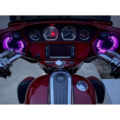 For upper fairing speakers. 
The ProGLOW™ LED speaker lights utilize the most advanced LED color changing technology to Light Up Your Ride! 
Light ring simply snaps in place on OEM Harley-Davidson® Boom!™ Audio Stage II speaker grills to add color changing illumination to your motorcycle speakers. Available for installation on Front Upper Fairing Speakers (707482) and for the rear speakers & for lower fairing speakers (excl. Twin Cooled models) (707483). Each light comes equipped with 10" wire lead with plug & play watertight IP67 rated connector to plug into additional ProGLOW™ LED light accent light products.
The Bluetooth controller (sold separately as 708784) connects to the ProGLOW™ app through your personal IOS or Android device to customize and control your color-changing lights. Unlimited color combinations can be selected using the color wheel or color-match technology with camera access while easy to use sliders let you fine-tune the brightness and speed of each movement. ProGLOW™ systems can also be synced with music for a complete audiovisual experience. Added battery monitor, timer and security features give you control of your lights when out of sight. 
Note: When required the ProGLOW™ Bluetooth controller (sold separately as 708784) is required for operation of lights. 