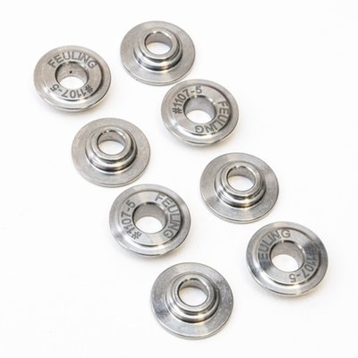 - .050" lower
Lowers the installed height, allowing the use of smaller lift camshafts. 
Keeps the valve spring pressure in the proper open height specifications. 
These valve spring top collars (Upper valve spring retainers) come in a 8-pack and are compatible with stock, Screamin' Eagle and Feuling 993530 Beehive valve spring kits. As strong as the steel but much lighter to help prevent valve float when you turn on the heat. 
Custom replacement for the stock 18100045 valve spring top collars.