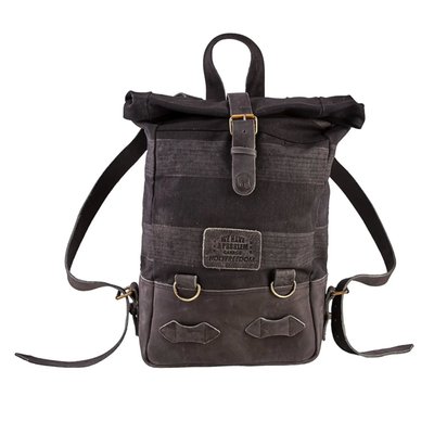 The Holy Freedom Back to black Bag is crafted from 60% cowhide and 40% cotton canvas, this bag combines rugged durability with classic style. The roll-top design offers flexibility and secure storage, while the striped canvas print adds a bold touch. Featuring adjustable leather shoulder straps, a sturdy leather handle with the Holy Freedom writing, and burnished metal hardware. Inside, you'll find a dedicated laptop pocket (fits up to 16 inches) and an internal zip pocket for your essentials. It includes anchors for easy attachment to your bike. With a capacity of 14-18 liters, this 100% handmade bag is ready for any journey. Elevate your adventures with the Holy Freedom Back to black bag!