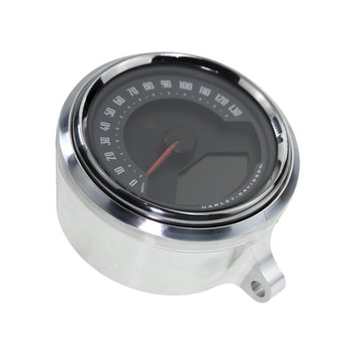 Raw machined aluminum finish. 
Allows you to relocate the stock gauge to a more visible and ergonomic position. Encases your stock Harley gauges and mounts in a variety of different ways. Whether you use the Kraus 984606 Universal T-Bar Clamp Mount or 984620 Isolated Riser Top Mount, you can place your gauge exactly where you want it. 
- All billet aluminum anodized construction 
- Light and compact