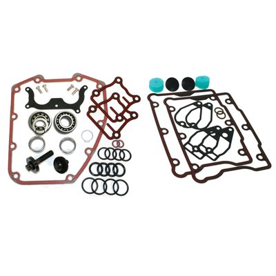 Lower end Quick Change kit for chain driven cams. 
Includes: 
Quick change + Top end gasket kit, Koyo/Torrington inner and Feuling/Timken outer cam bearings replacing H-D #8983 & HD #8990A, bearing retainer plate & hardware, crank and cam bolts, camshaft retaining ring, moly lube and Loctite. 
Complete as shown.


