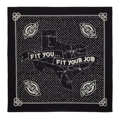 The Slayden bandana of Dickies is a large, 68cm x 68cm bandana with authentic Dickies detail and fabrication. made out of 100% cotton, featuring classic bandana artwork with map of Texas, and the phrase ‘Fit You… Fit Your Job’, as well as dyed-to-match label sewn into the edge. A classic bandana ready for whatever the job calls for.