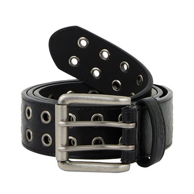 The Dickies Somerville belt is an authentic leather-look studded belt made for all occasions. Made with synthetic leather with cracked surface, this belt features double prong fastening, multi metallic eyelets, and embossed logo. An authentic faux leather belt made for all occasions.