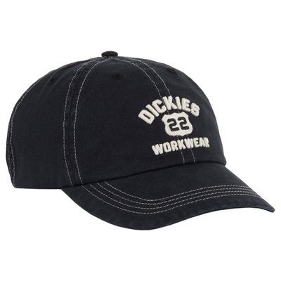 The Dickies Grimsley is a cap with authentic Dickies detailing and fabrication. Made with 100% garment dyed cotton, featuring contrast stitching, antique silver and tape adjustable closure, dyed-to-match embroidered eyelets, woven Dickies label and raised embroidered route inspired artwork. Available in several colors.