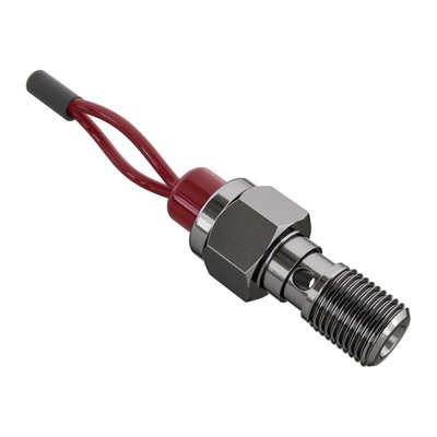 Banjo bolt, M10 x 1.00 threaded, with incorporated hydraulic brake light switch with wiring. High polished stainless steel. 18mm under hex