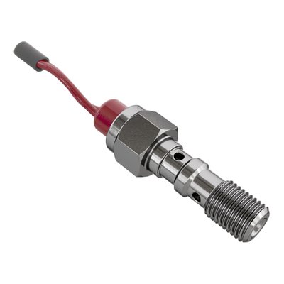 Banjo bolt, M10 x 1.25 threaded, with incorporated hydraulic brake light switch with wiring. High polished stainless steel. 30mm under hex