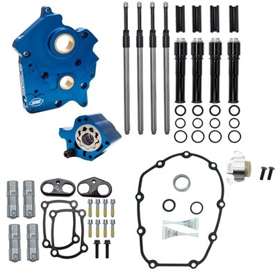 With black pushrod tubes. 
Complete chain drive cam chest kit without cams, to give you a solid base for a performance engine. 
In this kit you'll find an upgraded cam plate, oil pump, tappets, cuffs, and pushrods. This cam chest kit is compatible with any performance cam out there you fancy (or already have). 
Oil Pump/ Cam plate: 
- Plate Precision machined from billet aluminum 
- Passage plugs removable for servicing 
- Independent scavenge sections for flywheel cavity and cam chest 
- Debris screens in both scavenge pickups 
- Magnet in cam chest side to help to stop debris from entering oil pump 
- 44% flow increase on supply side and 58% flow increase on scavenge 
- Pressure relief valve is adjustable with unit installed in engine 
- Includes S&S High Performance cam chain tensioner (907796). 
Pushrods: 
- Quickee pushrod kit, installs without removing rocker covers
- 7/16 anti-flex chrome moly tubing. 
Tappets: 
- S&S Precision Tappets 
- Hand assembled to exacting tolerances 
- Reduced valvetrain noise from start up to shut down 
- Close tolerances for low leak down rates 
- Fast pump up and superior high rpm performance. 
Tappet Cuffs: 
- Hard anodized black coating 
- Billet aluminum construction 
- Stronger than stock material eliminates distortion Improve tappet stability in high lift and high RPM situations 