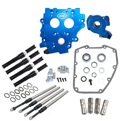 With black pushrod tubes. 
Complete chain drive cam chest kit, without cams, to give you a solid base for a performance engine. This cam chest kit is compatible with any Twin Cam chain drive performance cams out there you fancy (or already have). 
Oil Pump/Cam Plate: 
- Precision machined from billet aluminum 
- Passage plugs removable for servicing 
- Independent scavenge sections for flywheel cavity and cam chest 
- Debris screens in both scavenge pickups 
- Magnet in cam chest side to help to stop debris from entering oil pump 
- 44% flow increase on supply side and 58% flow increase on scavenge 
- Pressure relief valve is adjustable with unit installed in engine 
- Chain drive kits include S&S High Performance cam chain tensioner (907796). 
Pushrods:
- Quickee Pushrod kit, allowing installation without removing rocker covers 
- 7/16 anti-flex chrome moly tubing. 
Tappets:
- S&S Precision Tappets 
- Hand assembled to exacting tolerances 
- Reduced valvetrain noise from start up to shut down 
- Close tolerances for low leak down rates 
- Fast pump up and superior high RPM performance 