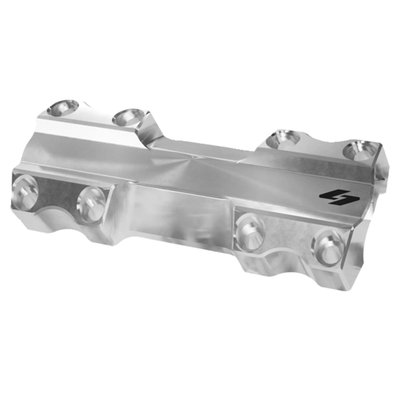 Raw CNC machined un-coated aluminum. 
With 1" (25.4mm) diameter handlebar clamp area. 
This is the standard replacement Kraus Top Plate. Fits all Kraus Isolated Straight and Kickback risers. Used when reverting the topless kickback riser back from Digital Softail or Road King to the standard top clamp or as stock replacement. 