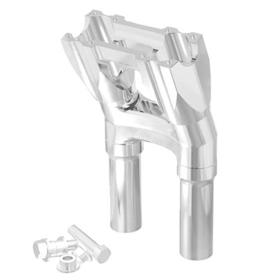 Raw machined aluminum uncoated finish. 
Fits models with 1-1/8" (28mm) handlebar clamping area.
Sold without top clamp, the top clamp (top plate) is sold separately depending on application.  
The 'Kickback style' moves the handlebar 1.5" (38mm) towards the rider. 
These isolated risers are designed to be solid-mounted to the top triple tree and are installed with the supplied billet bushings. This creates a much more rigid bar setup, allowing for improved control and far greater use of your bike's suspension and braking capabilities. As for vibration dampening, the rubber bushings are relocated just below the handlebar. There they are placed inside the riser mid-section. The proprietary use of these rubber isolators drastically reduces the amount of unwanted movement at the bushings. This creates a much more solid bar feel, giving you greater confidence in your bike's handling. You'll notice the difference of a hard-mounted riser legs and relocated rubber isolators right away. 
- Far less vibration than rigid mounted risers and a much better bar feel.
- Bottom clamp has an opening to accommodate hidden wiring 
- Top clamp ((top Plate) must be purchased separately depending on your application 
- 3.5" center to center for standard OEM H-D fitment 
- Bushing life is increased, maintenance lowered 
- Wiring slot in the center of the riser body allows for easy installation and clean wiring. 
Note: Sold without top clamp, the top clamp (top plate) is sold separately depending on application.
Note: Kraus Isolated Risers are designed and engineered for universal fitment. Some modification may be required depending upon application. This product is NOT compatible with models that include integrated bar clamps on the triple tree top clamp.
Note: Kraus Isolated Risers are a modular construction. You can run them without legs or swap out the risers legs for optional available lengths should you decide to run a shorter/taller rise down the line. See the 'optional Isolated Riser legs' for 4 available lengths between 3.5" (89mm) to 9.5" (241mm) tall. 