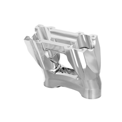 Raw machined uncoated finish. 
With 1" (25.4mm) diameter handlebar clamp area. 
Sold without top clamp, the top clamp (top plate) is sold separately depending on application. 
This 'Kickback style' moves the handlebar 1.5" (38mm) towards the rider. 
These isolated risers are designed to be solid-mounted to the top triple tree and are installed with the supplied billet bushings. This creates a much more rigid bar setup, allowing for improved control and far greater use of your bike's suspension and braking capabilities. As for vibration dampening, the rubber bushings are relocated just below the handlebar. There they are placed inside the riser mid-section. The proprietary use of these rubber isolators drastically reduces the amount of unwanted movement at the bushings. This creates a much more solid bar feel, giving you greater confidence in your bike's handling. You'll notice the difference of a hard-mounted riser legs and relocated rubber isolators right away. 
- Far less vibration than rigid mounted risers and a much better bar feel 
- Bottom clamp has an opening to accommodate hidden wiring 
- Top clamp ((top Plate) must be purchased separately depending on your application 
- 3.5" center to center for standard OEM H-D fitment 
- Bushing life is increased, maintenance lowered 
- Wiring slot in the center of the riser body allows for easy installation and clean wiring. 
Note: Sold without top clamp, the top clamp (top plate) is sold separately depending on application.
Note: Kraus Isolated Risers are designed and engineered for universal fitment. Some modification may be required depending upon application. This product is NOT compatible with models that include integrated bar clamps on the triple tree top clamp.
Note: Kraus Isolated Risers are a modular construction. You can run them without legs or swap out the risers legs for optional available lengths should you decide to run a shorter/taller rise down the line. See the 'optional Isolated Riser legs' for 4 available lengths between 3.5" (89mm) to 9.5" (241mm) tall. 