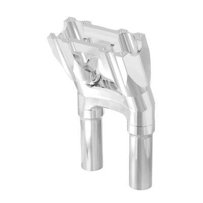 Raw machined uncoated finish. 
With 1" (25.4mm) diameter handlebar clamp area. 
Sold without top clamp, the top clamp (top plate) is sold separately depending on application. 
This 'Kickback style' moves the handlebar 1.5" (38mm) towards the rider. 
These isolated risers are designed to be solid-mounted to the top triple tree and are installed with the supplied billet bushings. This creates a much more rigid bar setup, allowing for improved control and far greater use of your bike's suspension and braking capabilities. As for vibration dampening, the rubber bushings are relocated just below the handlebar. There they are placed inside the riser mid-section. The proprietary use of these rubber isolators drastically reduces the amount of unwanted movement at the bushings. This creates a much more solid bar feel, giving you greater confidence in your bike's handling. You'll notice the difference of a hard-mounted riser legs and relocated rubber isolators right away. 
- Far less vibration than rigid mounted risers and a much better bar feel 
- Bottom clamp has an opening to accommodate hidden wiring 
- Top clamp ((top Plate) must be purchased separately depending on your application 
- 3.5" center to center for standard OEM H-D fitment 
- Bushing life is increased, maintenance lowered 
- Wiring slot in the center of the riser body allows for easy installation and clean wiring. 
Note: Sold without top clamp, the top clamp (top plate) is sold separately depending on application.
Note: Kraus Isolated Risers are designed and engineered for universal fitment. Some modification may be required depending upon application. This product is NOT compatible with models that include integrated bar clamps on the triple tree top clamp.
Note: Kraus Isolated Risers are a modular construction. You can run them without legs or swap out the risers legs for optional available lengths should you decide to run a shorter/taller rise down the line. See the 'optional Isolated Riser legs' for 4 available lengths between 3.5" (89mm) to 9.5" (241mm) tall. 