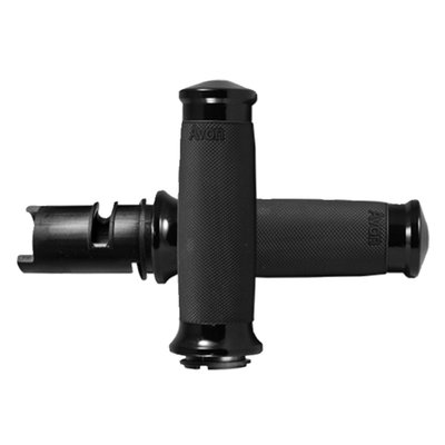 Black rubber. USA manufactured from 6061 billet aluminum end caps and collars. Kraton rubber is used for a soft serrated texture which offers a comfortable and slip-free grip that will not harden or stain your hands. 
Dimensions: Inside length = 4.600" OD = 1.450"