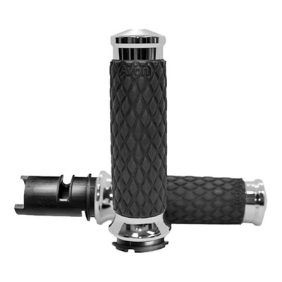 Chrome plated end caps and collars. 
For 1" diameter handlebars. Length 11.7cm. Includes throttle sleeve. Similar to the Avon air cushioned grips, the Air-SS incorporates a system of air pockets inside the grip to dampen vibration, but Air-SS grip does not have any surface bumps but a consistent surface diameter. Complete with an grip-enhancing knurled 'Diamond' texture with 6061 billet aluminum end caps and collars. 
Dimensions: Inside length = 4.600" OD = 1.500"