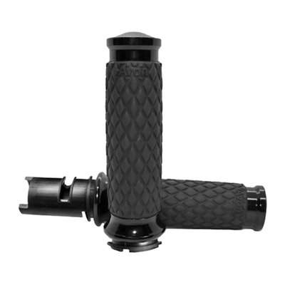 Black anodized end caps and collars. 
For 1" diameter handlebars. Length 11.7cm. Includes throttle sleeve. Similar to the Avon air cushioned grips, the Air-SS incorporates a system of air pockets inside the grip to dampen vibration, but Air-SS grip does not have any surface bumps but a consistent surface diameter. Complete with an grip-enhancing knurled 'Diamond' texture with 6061 billet aluminum end caps and collars. 
Dimensions: Inside length = 4.600" OD = 1.500"