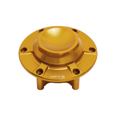 Gold anodized CNC machined billet aluminum. The complete assembly includes both the screw cap and the internal mechanism, ensuring seamless compatibility and hassle-free installation. Without locking mechanism for quick access. Stock gasket must be reused.
