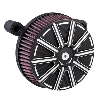 10-Gauge black anodized outer cover. With black backing plate. 
Air filter element pre-oiled with red oil. 
This is a Stage 1 performance air cleaner kit. Perfect for those that think stock is not good enough. Offers easy bolt-on installation and improved looks. Patent-Pending backing plate design is built for maximum airflow velocity, resulting in increased horsepower and torque throughout the RPM range. 
- Increases Horsepower & Torque over stock 
- Pre-oiled high-flow cotton gauze air filter element 
- Filter top plate with integrated filter mounting features & an air venturi 
- Integrated smooth radius air inlet starts at the edge of the air filter and ends at the mouth of the throttle body 
- The filter ring design covers the urethane edge of filter when installed for a clean look 
- Accepts all Arlen Ness® Stage 1® outer covers. 
- See 936621 for replacement gaskets & hardware for Stage 1 air cleaner kits
