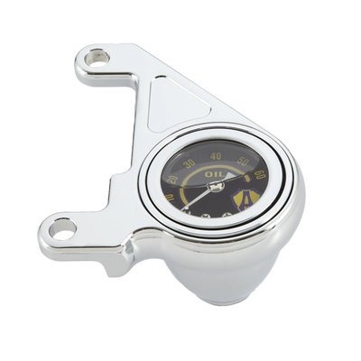 Features the Arlen Ness shield logo in the gauge face. 
Chrome plated bracket. Pressure gauge features a stainless housing, glass lens and glycerin filling for vibration damping. Bracket is CNC machined billet aluminum. Kit includes 60 PSI gauge, billet bracket & gauge cone, stainless oil hose and necessary hardware.