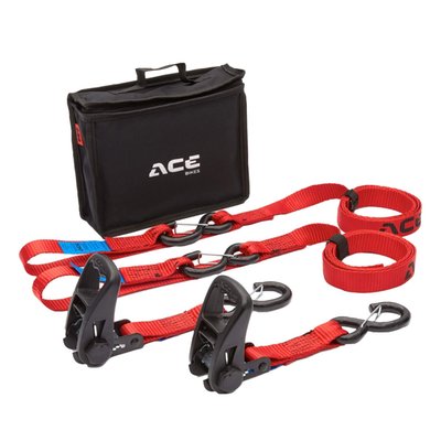 Practical and strong straps made of 30mm wide high-quality polyester. The 200 cm long polyester straps are equipped with a galvanized, plasticized hook and allows for secure and reliable fastening during the transport of the motorcycle. Equipped with Acebikes Premium Ratchets and integrated sewn-in loops this high-quality solution will fulfill any transportation needs. With the integrated loops it’s easy to attach it to any hooking point of the motorcycle, it also prevents the plasticized hooks from touching the bodywork. A multipurpose solution for medium to heavy motorcycles or scooters. Comes with a handy carrying bag and Velcro strap binders to tidy up left over straps. 
- With sewn-in Soft Hook for easy and safe application
- Strap width 30mm 
- Strap length 200cm 
- Equipped with Premium 750 daN ratchets 
- Plasticized hooks with Resilient locking clips for extra security. 
Includes: 
- 2x Ratchet Premium 
- 2x 200 cm webbing with integrated loop and soft hook 
- 2x Velcro strap binder 
- 1x Storage bag 