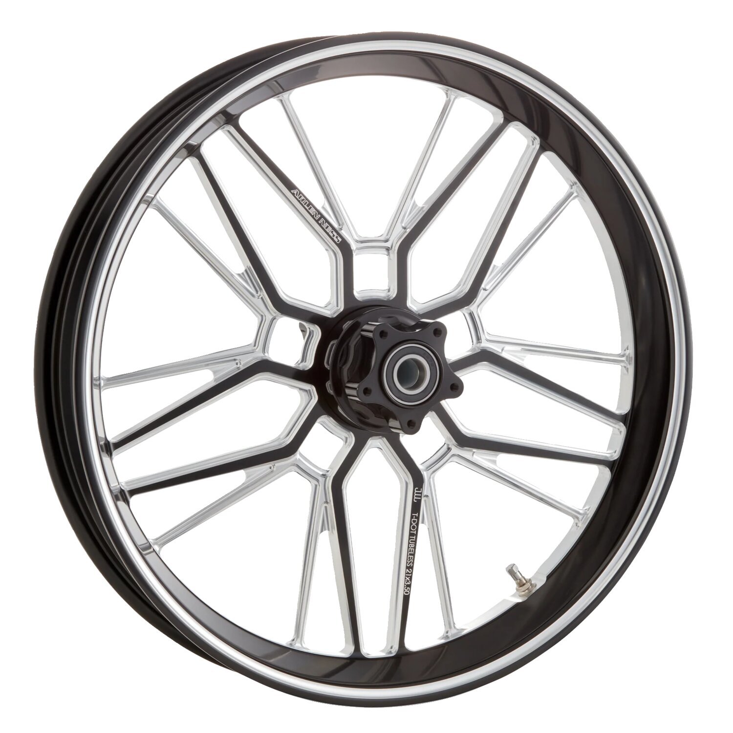 Arlen Ness, rim Split Spoke 21 x 3.5". Front. Black CC