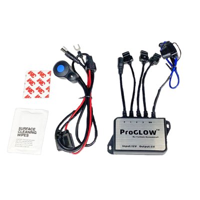 For amongst others 707482, 707483 and as replacement for 707481. 
Bluetooth controller for Custom Dynamics® ProGLOW™ LED lighting products connects to vehicle battery and provides three channels of plug and play connections to ProGLOW™ Color Changing LED Motorcycle Lights (sold separately). Unit includes push button main power switch to prevent drain on battery while lights are not in use. Functions:
Millions of vivid colors & color combinations.
3 independent controlled zones for maximum coverage (front, mid, rear).
Solid color or color-changing modes.
Customizable animation modes: 
                Ride – solid color combinations
                Range – variable blinking combinations with sharp transitions
                Wave – steady blinking combinations with smooth transitions
                Chill – breathe effect as illumination dims and brightens
                Strobe – attention grabbing strobe patterns
                Custom – personalize combinations of animation & color sequences
Chase animation with directional illumination with preset themes.
Control brightness and speed of animation modes and chase themes.
Photo color referencing through camera with Live or Static color capture.
Music syncing capability through device music library or microphone. 

Features: 
Wireless Bluetooth connection to IOS & Android device.
Line of sight control range of 49 feet.
Battery saver allows for voltage monitoring and auto shut-off.
Device security limits controller pairing to one device at a time.