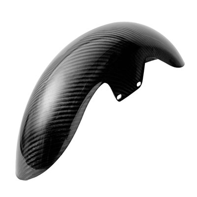 Woven, hand laid carbon.
Made from a sheet of carbon fiber fabric woven in a crisscross pattern. Laid by hand into a mold, then cured in resin. The fabric layers are aligned in specific directions for strength.
Carbon fiber front fender. Ultra light weight, just around 600 grams, and manufactured from highest quality pure carbon fiber. This makes this fender a must have add-on for any performance bagger. It shaves-off up to 4kg in weight when compared to the stock steel fender. Comes pre-drilled with fender spacers for a quick bolt-on application. EU made.
- Ultra light weight at around 600 grams
- Up to 4 kg. lighter than the stock steel fender
- Manufactured from top quality carbon fiber
- Gloss UV stable surface
- Mounting holes are pre-drilled
- Bolt-on replacement for stock front fender
- It is advised installation is done by a capable mechanic