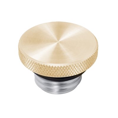 Fuel cap with clear brass top and clear 6061-T6 Aluminum lower. 
Vented. 
Right hand threaded. 
Knurled for extra grip, for easy on-off with or without gloves. The lower threaded part of the cap has a spring-bound valve system, centrally located in the middle of the bung. This connects to 3 vents in the top part of the cap to allow alleviation of any pressure or vacuum that may build up inside the tank. The O-ring seal, that sits on the top of the thread, offers a secure seal.


