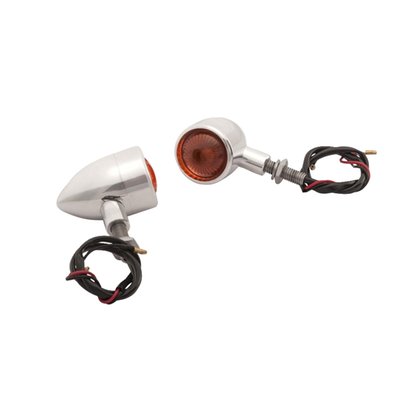 CNC machined billet 6061 aluminum bullet style housings. Comes with Osram 12V amber bulbs. Comes with both clear and amber ECE approved lenses, to be used as your preference dictates. Lens diameter 40mm. 10mm threaded stainless steel stem, 30mm long. 