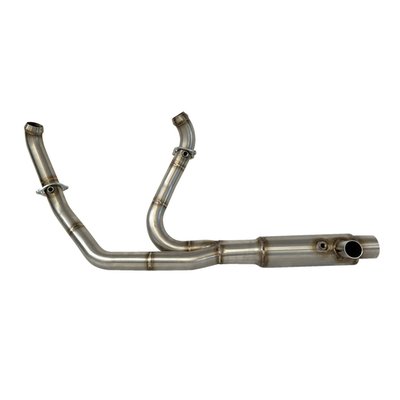 Non-homologated racing part, without catalyst. 
Raw stainless steel header pipe kit, without catalyst. Precision one-piece TIG-welded construction for a positive no-leak installation for optimum O2 functioning in all RPM's. Comes with a O2 sensor connection on both front & rear head pipe. On the rear section/balance pipe, designed to perfectly balance the left & right muffler, a 3rd O2 sensor connection is available to install the 3rd (downstream) O2 sensor as in use with EU Euro5+ H-D models. Compatible with stock/aftermarket mufflers and stock heat shields, under which this head pipe set is, like stock, not visible. 
Note: These header pipes do not have a catalyst so it belongs to the 'racing category' and is not street legal. 