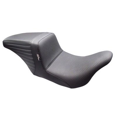 12.5" rider seat width. With Basket Weave stitch pattern.
The 'Up-Front' Kickflip moves the rider 2-1/2" closer to the handlebars, when compared with the standard riding position. A definite advantage for shorter riders. The KickFlip features a fast and aggressive profile and stance. The 7" high arching back support will provide a secure in-bike feel for extreme riding, combined with excellent back support on long stretches. Built with LePera’s high density Marathon Foam on a black powder coated 16-gauge steel base plate a for maximum stability and comfort. Handcrafted with an iconic attention to detail.
Note: Seat width given in inches.