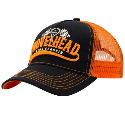 Born to ride! This King Kerosin trucker cap brings the spirit of the legendary Shovelhead engine right to your head. The bold black and orange look, combined with eye-catching lettering and a cool mesh back, ensures a striking appearance, whether on the bike or at the bar. With a curved visor, contrast stitching, and a snapback closure, you're ready for any ride. Loud, casual, uncompromising, just like the engine that inspired it.