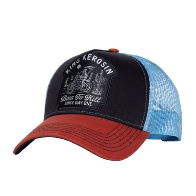 This King Kerosin cap screams adventure, the "Born to Kill" embroidery on the front sums up the message: No one takes it easy here! The design depicts a fearless rider amidst cacti and sand, clearly inspired by dusty highways and wild road trips. The combination of a black front, light blue mesh, and a rust-red visor creates a striking look. Thanks to the snapback closure, the cap fits exactly the way you need it to. A statement for those who take life at full throttle.