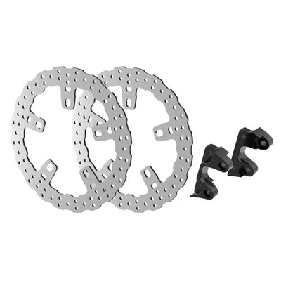 Extra large 13" / 330mm diameter floating front brake rotor, with caliper adapters. 
Stock is 11.8" / 300mm OD. Open center with 6.7" BCD. 5-bolt. Cross cut bolt mount holes (cast wheels) (Mount style 'C'). 
Optimized for OEM radial brake calipers. 
Kit includes caliper adapters, optimized for OEM radial brake calipers. 
Brake rotors are manufactured from a special stainless steel alloy and are heat treated. This offers an excellent braking capability with high wear resistance. The material is laser-cut for perfect precision and cross-grind for a perfectly flat surface.  
OEM replacement reference 41500017. 
Note: With approval. Check your local MCS dealer or the MCS sales department for exact type of approval and validity on bike model and years on the test report. 

- Manufactured in OEM quality 
- Perforated braking surface for reduced noise and good responsiveness
- Extremely heat resistant, offering stable braking performance under all conditions
- High responsiveness due to increased brake grip
- High-strength stainless steel inner part for increased durability with minimized distortion and fading 
- Black powder coated inner carrier 
- Suitable for all common brake pads