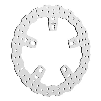 13"/ 330mm diameter. Floating. 
Stock is 11.8" / 300mm OD. Open center with 6.7" BCD. 5-bolt. Cross cut bolt mount holes (cast wheels) (Mount style 'C'). 
Optimized for OEM radial brake calipers. 
Kit includes caliper adapters, optimized for OEM radial brake calipers. 
Brake rotors are manufactured from a special stainless steel alloy and are heat treated. This offers an excellent braking capability with high wear resistance. The material is laser-cut for perfect precision and cross-grind for a perfectly flat surface.  
Note: With approval. Check your local MCS dealer or the MCS sales department for exact type of approval and validity on bike model and years on the test report. 
Note: Requires separate purchase of caliper adapter to compensate for the larger brake rotor diameter. 

- Manufactured in OEM quality 
- Perforated braking surface for reduced noise and good responsiveness
- Extremely heat resistant, offering stable braking performance under all conditions
- High responsiveness due to increased brake grip
- High-strength stainless steel inner part for increased durability with minimized distortion and fading 
- Black powder coated inner carrier 
- Suitable for all common brake pads
