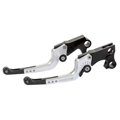 Black / Silver anodized. 
CNC machined from billet aluminum bar, with a durable anodized finish. This is a precision engineered lightweight but strong on the fly 6-step adjustable brake and clutch lever kit. The 6-step adjustment allows you to dial in the clutch and brake lever for maximum control and best ergonomics. The lever design comes with bolt-on lever ends of which two lengths are included, allowing bolt-on your preferred lever end length to further fine tune the levers to your taste.
Note: With approval. Check your local MCS dealer or the MCS sales department for exact type of approval and validity on bike model and years on the test report.